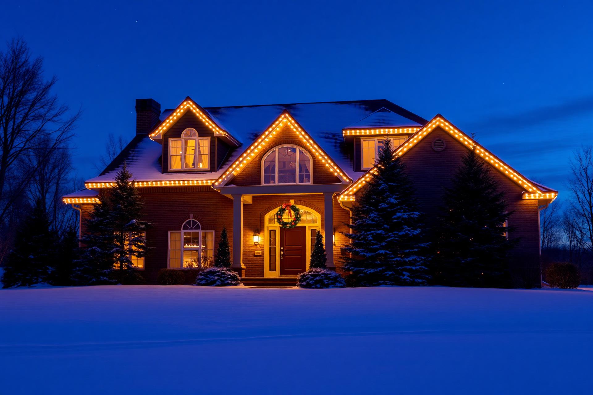 Wisconsin home with professional warm-white Christmas lights